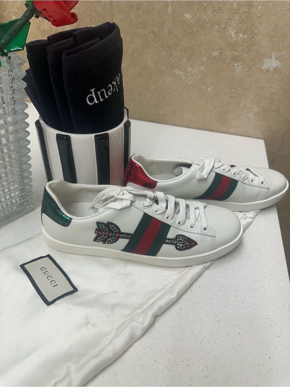 Gucci White Leather Sneakers with Red & Green Accents